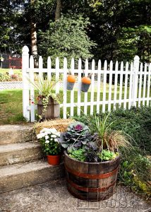 fall plant arrangement in whiskey barrel